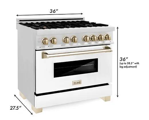 ZLINE Autograph Edition 36 in. 4.6 cu. ft. Legacy Dual Fuel Range with 6 Burner Gas Cooktop and Electric Convection Oven in Satin Stainless Steel with White Matte Door and Polished Gold Accents (RASZ-WM-36-G) Zline