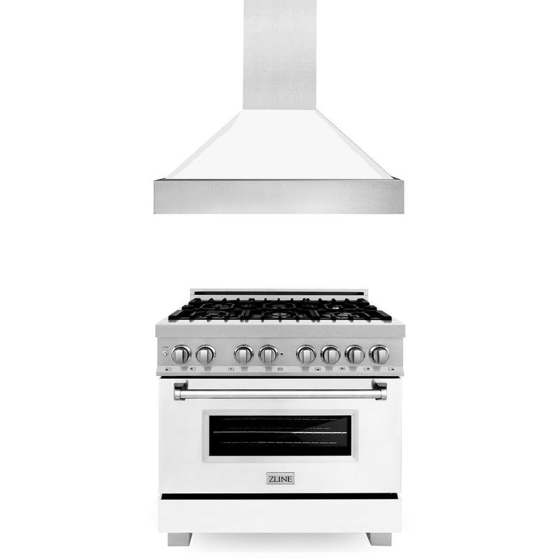 ZLINE 36" Kitchen Package with Fingerprint Resistant Stainless Steel Dual Fuel Range with White Matte Door and Convertible Vent Range Hood ZLINE