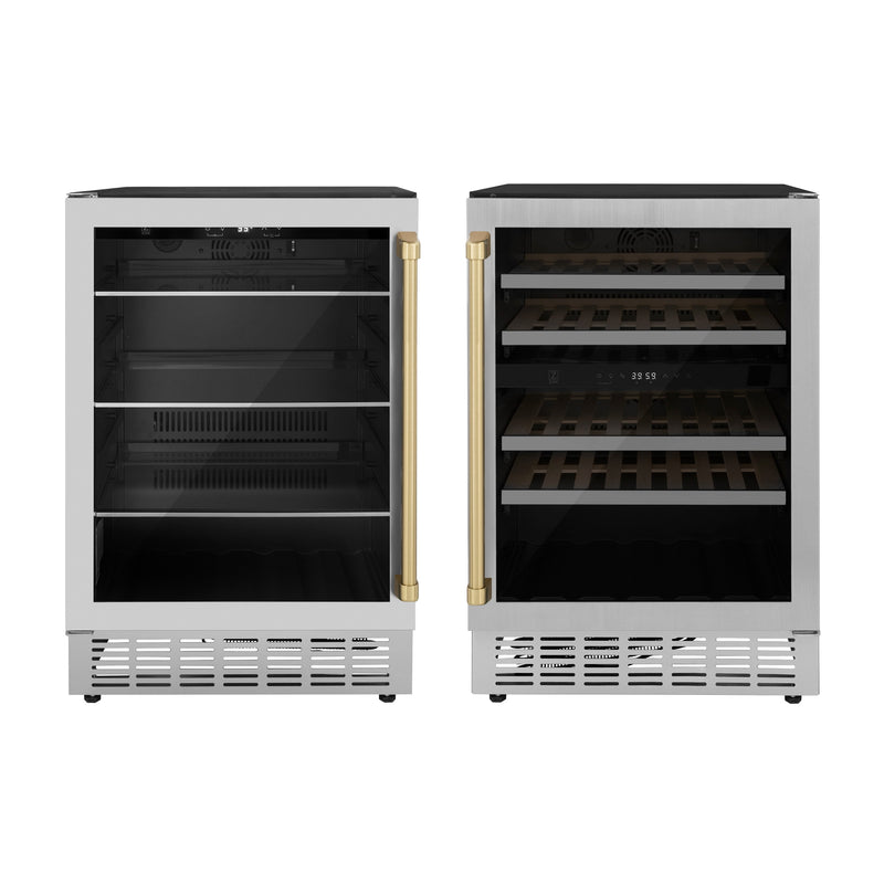 ZLINE Autograph Edition Kitchen Package with 24" Wine Cooler and 24" Beverage Fridge with Champagne Bronze Accents ZLINE