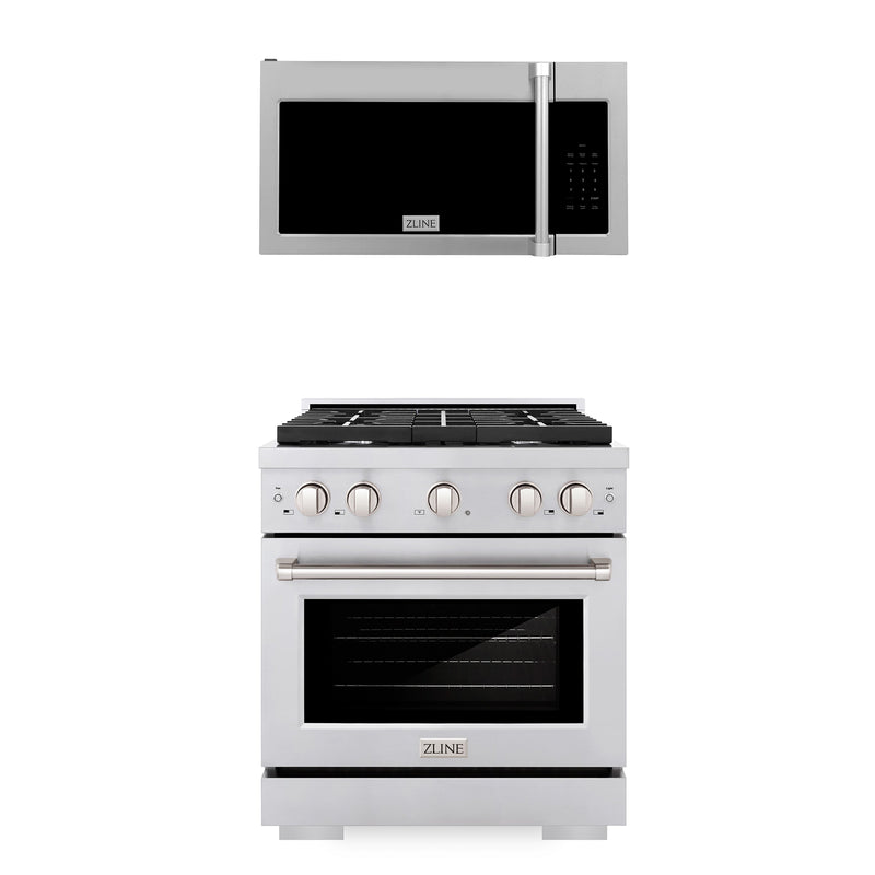 ZLINE 30" Kitchen Package Stainless Steel Gas Range and Over The Range Microwave with Traditional Handle ZLINE