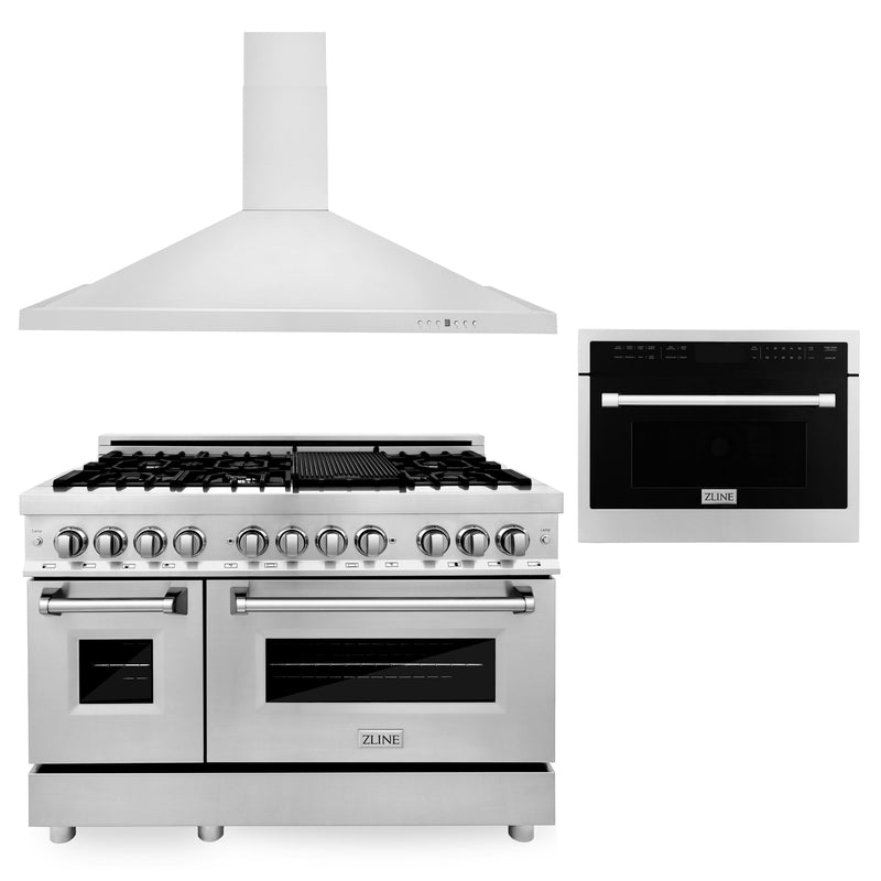 ZLINE 48" Kitchen Package with Stainless Steel Dual Fuel Range Convertible Vent Range Hood and 24" Microwave Oven ZLINE