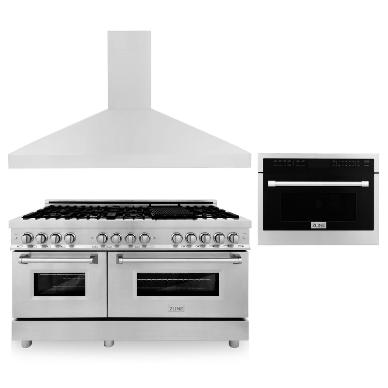 ZLINE 60" Kitchen Package with Stainless Steel Dual Fuel Range Convertible Vent Range Hood and 24" Microwave Oven ZLINE
