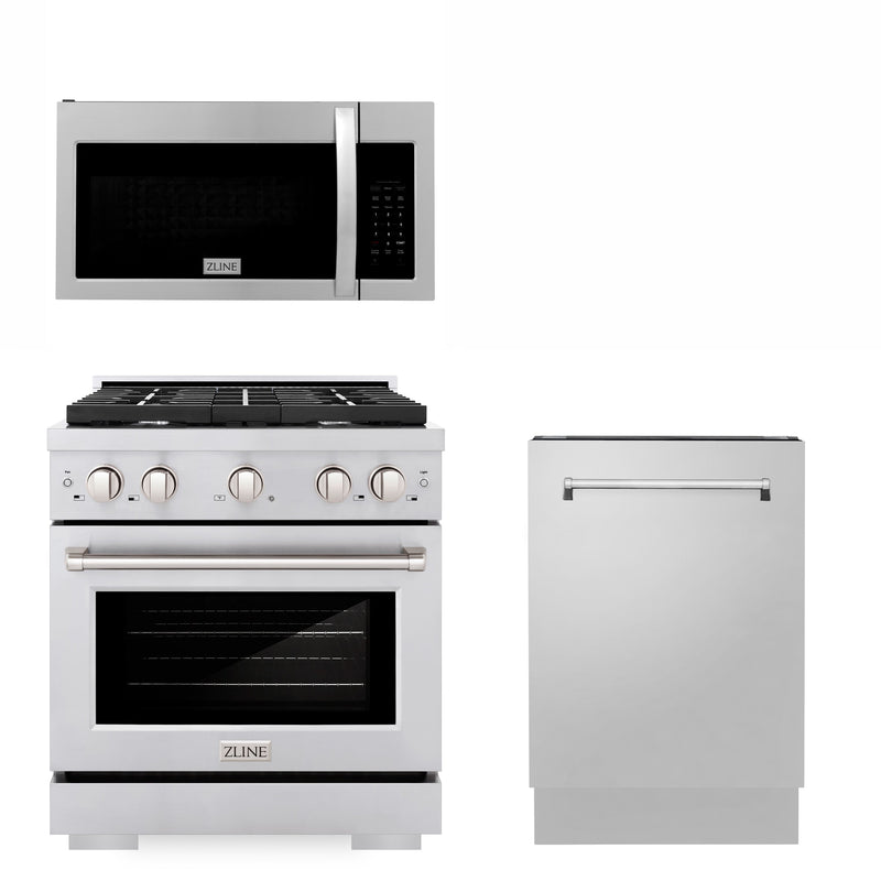 ZLINE 30" Kitchen Package with Stainless Steel Gas Range Modern Over The Range Microwave and Tall Tub Dishwasher ZLINE