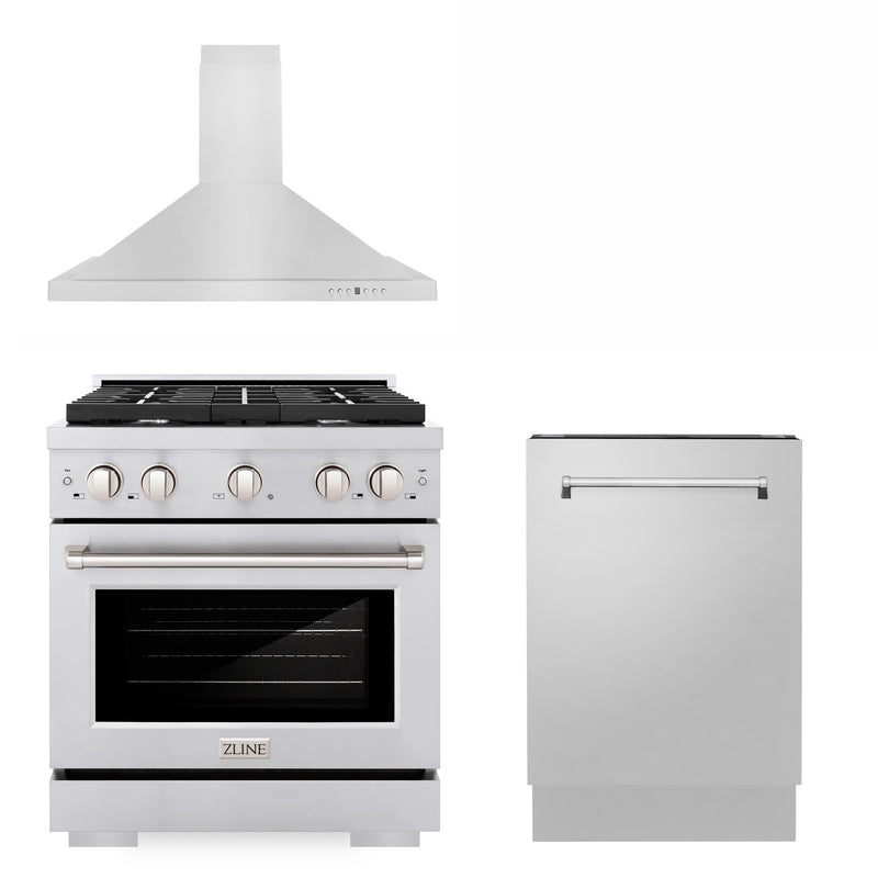 ZLINE 30" Kitchen Package with Stainless Steel Gas Range Convertible Vent Range Hood and Tall Tub Dishwasher ZLINE