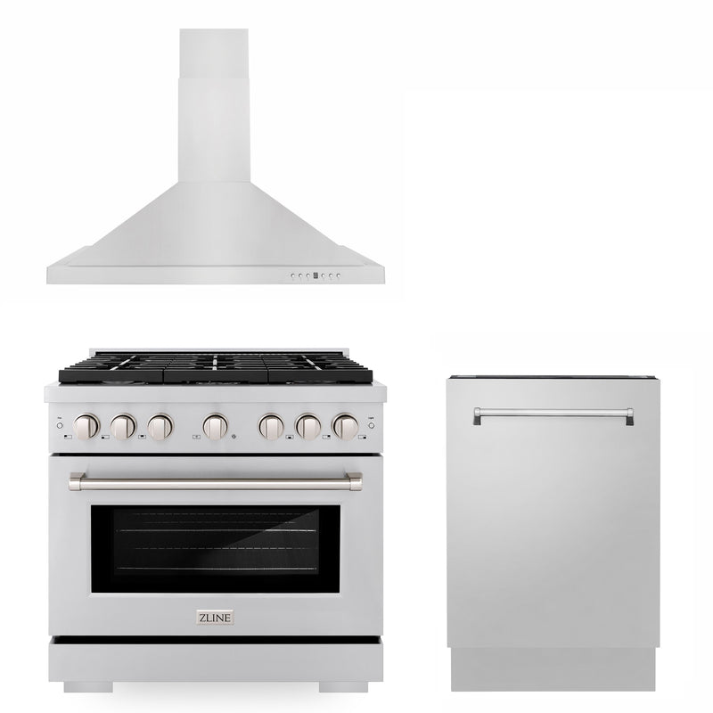 ZLINE 36" Kitchen Package with Stainless Steel Gas Range Convertible Vent Range Hood and Tall Tub Dishwasher ZLINE
