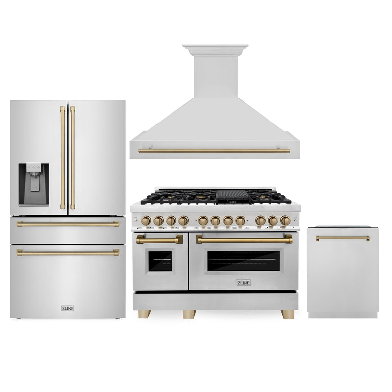 ZLINE 48" Autograph Edition Kitchen Package with Stainless Steel Dual Fuel Range Range Hood Dishwasher and Refrigeration with Champagne Bronze Accents ZLINE