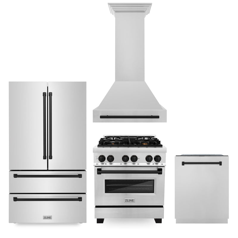ZLINE 30" Autograph Edition Kitchen Package with Stainless Steel Dual Fuel Range Range Hood Dishwasher and Refrigeration with Matte Black Accents ZLINE