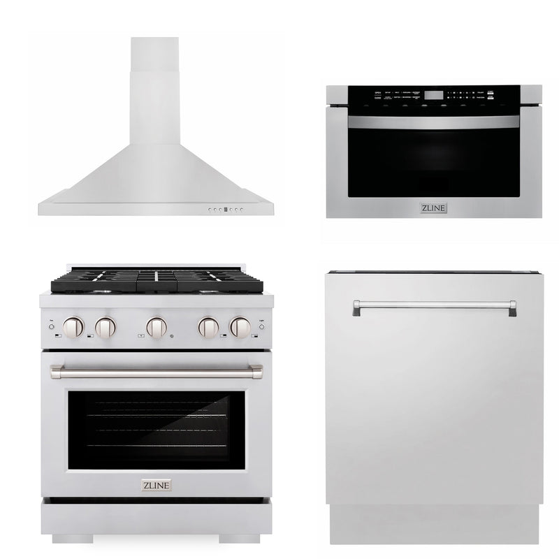 ZLINE 30" Kitchen Package with Stainless Steel Gas Range Range Hood Microwave Drawer and Tall Tub Dishwasher ZLINE