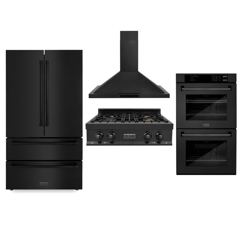 ZLINE Kitchen Package with Black Stainless Steel Refrigeration 30" Rangetop 30" Range Hood and 30" Double Wall Oven ZLINE