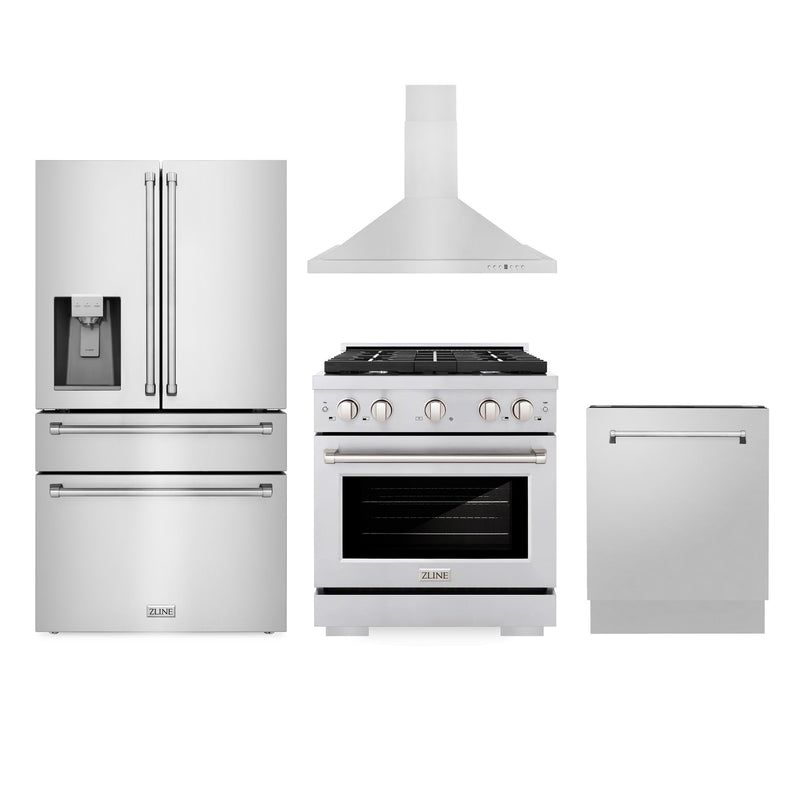 ZLINE Kitchen Package with Water and Ice Dispenser Refrigerator 30" Gas Range 30" Range Hood and 24" Tall Tub Dishwasher ZLINE
