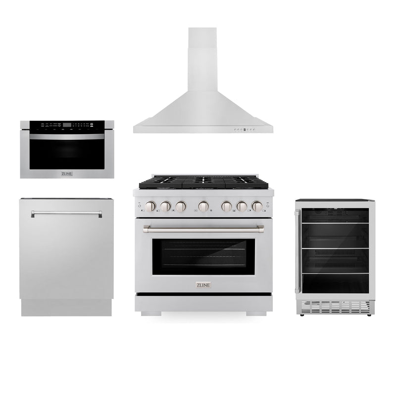 ZLINE 36" Kitchen Package with Stainless Steel Gas Range Range Hood Microwave Drawer Tall Tub Dishwasher and Beverage Fridge ZLINE