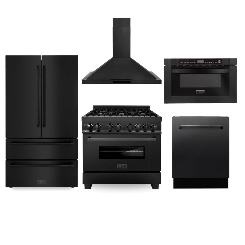 ZLINE Kitchen Package with Black Stainless Steel Refrigeration 36" Dual Fuel Range 36" Range Hood Microwave Drawer and 24" Tall Tub Dishwasher ZLINE