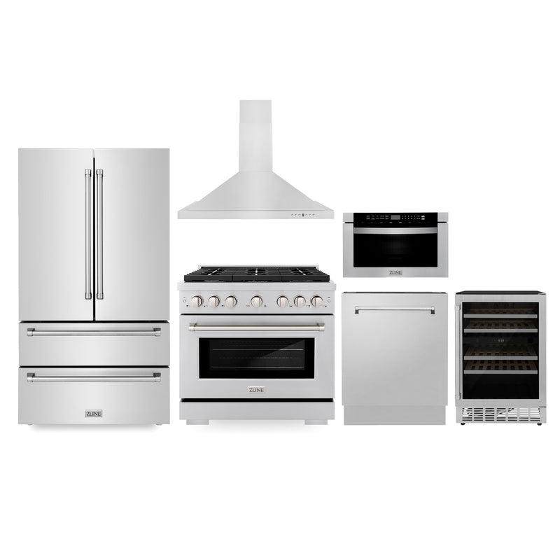 ZLINE Kitchen Package with Refrigeration 36" Stainless Steel Gas Range 36" Range Hood Microwave Drawer 24" Tall Tub Dishwasher and Wine Cooler ZLINE
