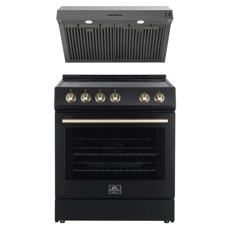 Forno Espresso 2-Piece Appliance Package - 30-Inch Electric Range with 5.0 Cu.Ft. Electric Oven and Under Cabinet Range Hood in Black with Antique Brass Trim (FBDL-002-02US)