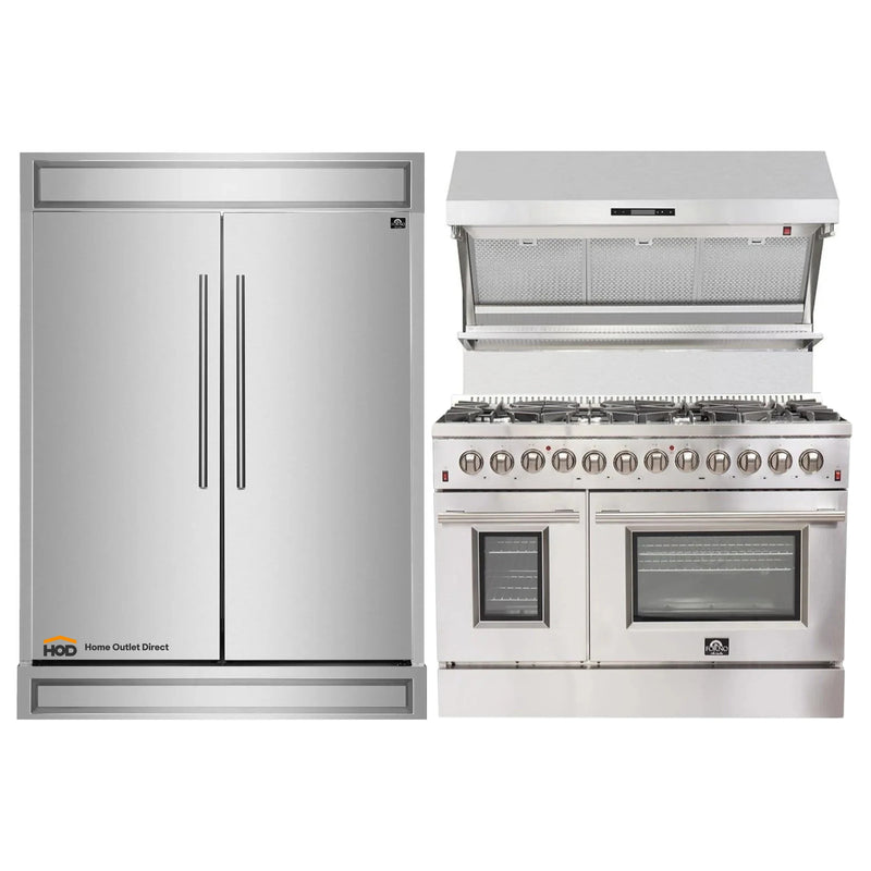 Forno 3-Piece Appliance Package - 48-Inch Dual Fuel Range, Refrigerator, & Wall Mount Hood with Backsplash in Stainless Steel (FBDL-017-04CAUS)