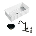 Kaolin 30-Inch Ceramic Single Bowl Farmhouse Kitchen Sink with Bottom Grid and Strainer with Deck Mount Kitchen Faucet with Brass Side Sprayer and Basket Strainer, Matte Black