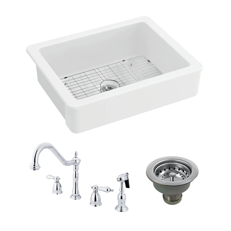 Kingston Brass Kaolin 30-Inch Ceramic Single Bowl Farmhouse Kitchen Sink with Widespread Kitchen Faucet in Polished Chrome