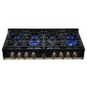 Valente 48" Gas Cooktop in Black, 8 Sealed burners, 94,000 BUT Output, 2 Antique Brass Dual-Ring Burners, Continuous Cast Iron Grates