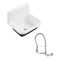 Petra Galley Cast Iron Single Bowl Wall Mount Utility Sink with Wall-Mount Pre-Rinse Bridge Kitchen Faucet and Basket Strainer, Polished Chrome
