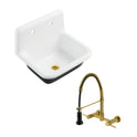 Petra Galley Cast Iron Single Bowl Wall Mount Utility Sink with Wall-Mount Pre-Rinse Bridge Kitchen Faucet and Basket Strainer, Brushed Brass
