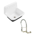 Petra Galley Cast Iron Single Bowl Wall Mount Utility Sink with Wall-Mount Pre-Rinse Bridge Kitchen Faucet and Basket Strainer, Brushed Nickel