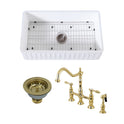 Arcticstone 30-Inch White Stone Single Bowl Farmhouse Kitchen Sink with Deck Mount Bridge Kitchen Faucet with Brass Side Sprayer and Basket Strainer, Polished Brass
