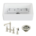 Kaolin 33-Inch Fireclay Farmhouse Kitchen Sink with Deck Mount Bridge Kitchen Faucet with Side Sprayer and Basket Strainer, Polished Nickel