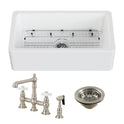 Kaolin 33-Inch Fireclay Farmhouse Kitchen Sink with Deck Mount Bridge Kitchen Faucet with Side Sprayer and Basket Strainer, Brushed Nickel
