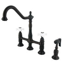 Kingston Heirloom KS1275PXBS - Heritage Two-Handle 4-Hole Deck Mount Bridge Kitchen Faucet with Brass Sprayer, Oil Rubbed Bronze