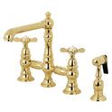 Kingston Tulare KS7272BEXBS - Essex Two-Handle 4-Hole Deck Mount Bridge Kitchen Faucet with Brass Sprayer, Polished Brass