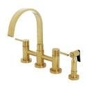 Kingston Sona KS8267DLBS - Concord Two-Handle 4-Hole Deck Mount Bridge Kitchen Faucet with Brass Sprayer, Brushed Brass