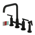 Kingston Sona KS8280CKLBS - Kaiser Two-Handle 4-Hole Deck Mount Bridge Kitchen Faucet with Brass Sprayer, Matte Black