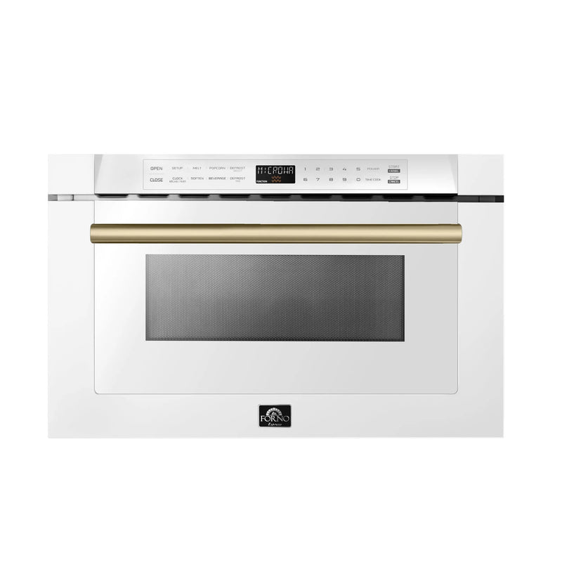 FORNO Espresso Capoliveri 24" Built-In Microwave Drawer in White with Antique Brass Handles Forno