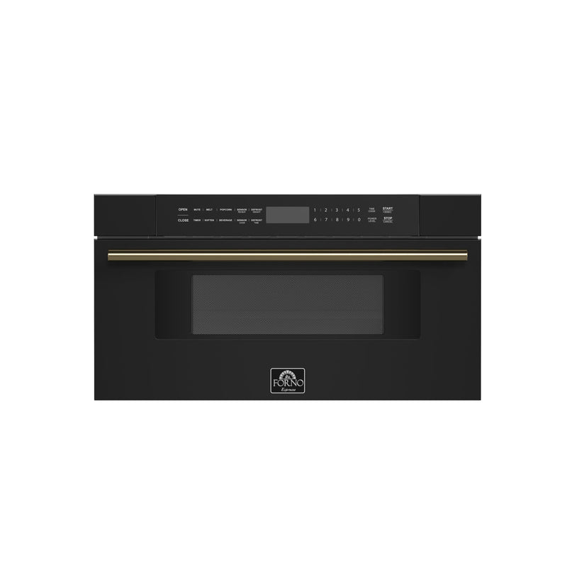 FORNO FMWDR3000-30BLK black 30-inch microwave drawer with antique brass handle, front view