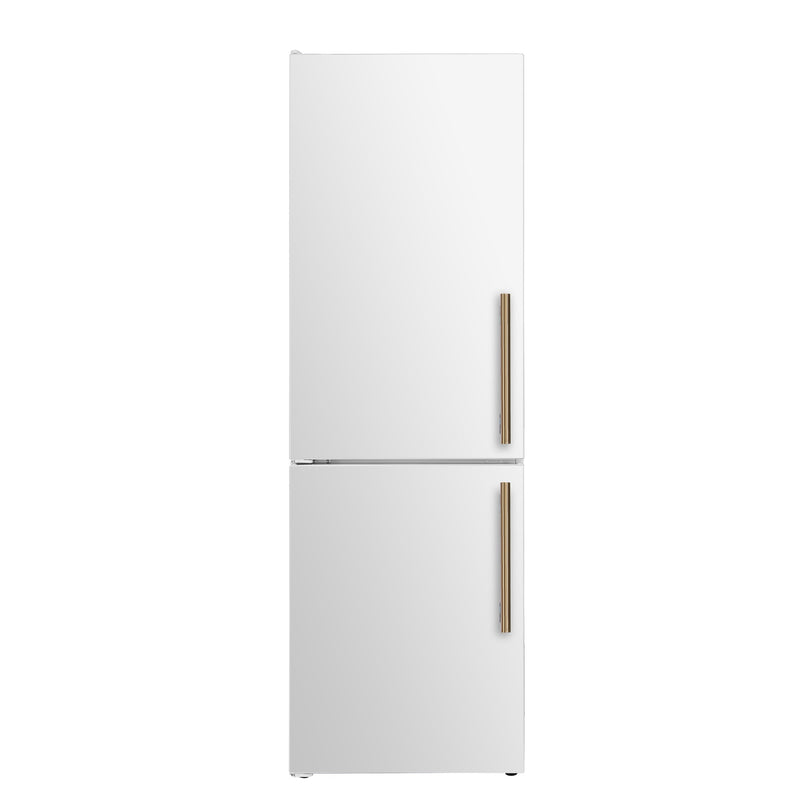FORNO Custodia FFFFD1766-24WHT-LS white bottom-freezer refrigerator with antique brass handles, front view