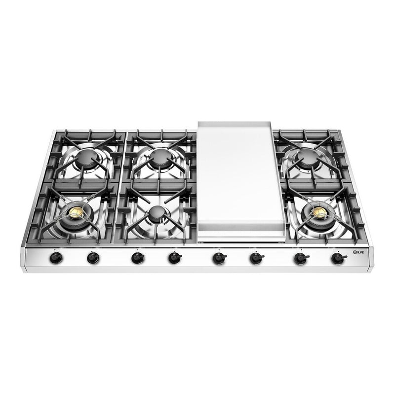 ILVE UHCP1265FNSSB Nostalgie II 48 inch Built-In Gas Cooktop with 8 Burners, Griddle, in Stainless Steel (Natural Gas, Burnished)