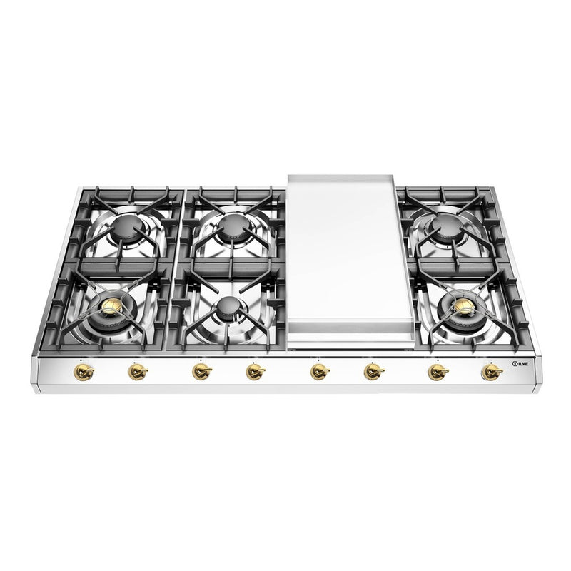 ILVE UHCP1265FNSSGLP Nostalgie II 48 inch Built-In Gas Cooktop with 8 Burners, Griddle, in Stainless Steel (Liquid Propane, Brass)