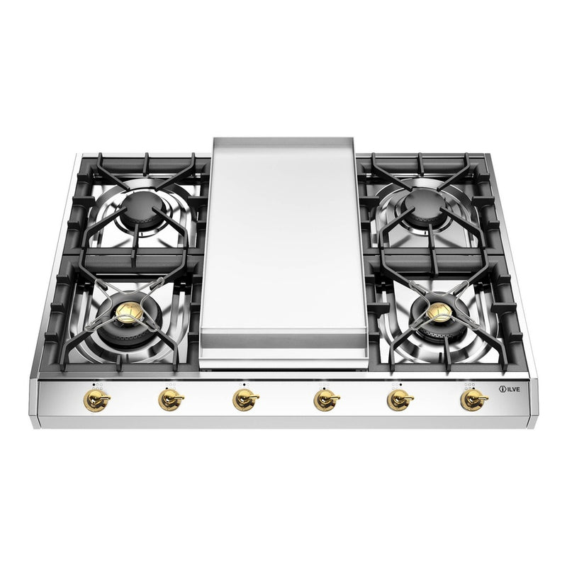 ILVE UHCP965FNSSGLP Nostalgie II 36 inch Built-In Gas Cooktop with Griddle, in Stainless Steel (Liquid Propane, Brass)