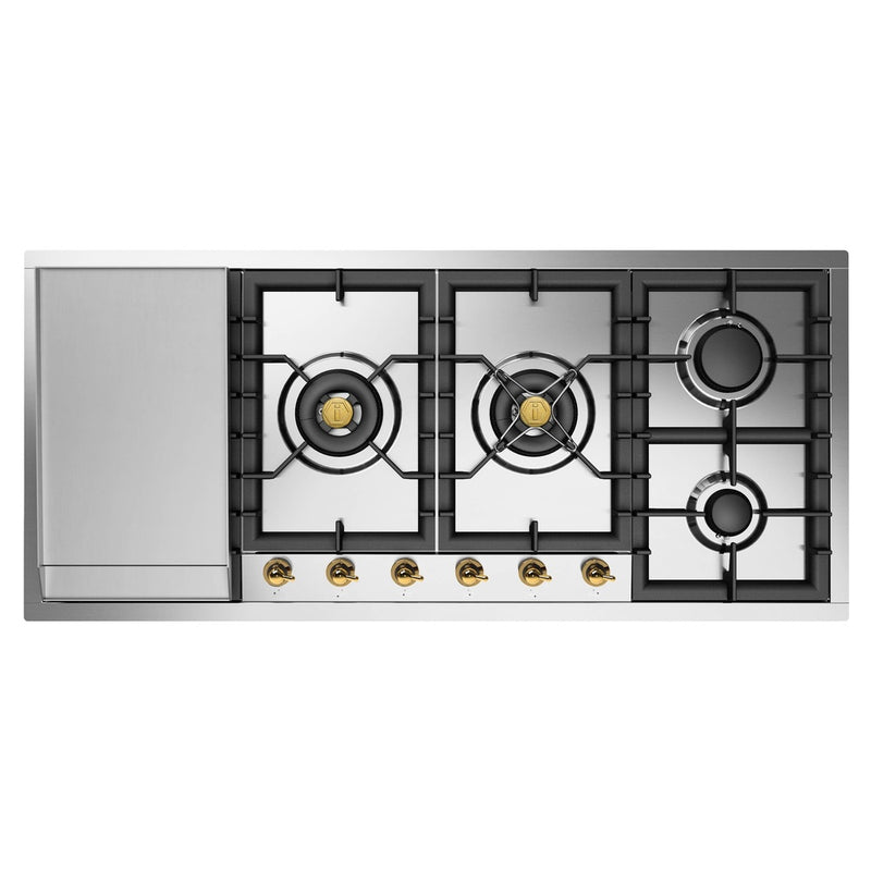ILVE UHCPT125FNSSGLP Nostalgie II 48 inch Built-In Gas Cooktop with Total Black Brass Burners, in Stainless Steel (6 Sealed Burners + Left Griddle, Liquid Propane, Brass)