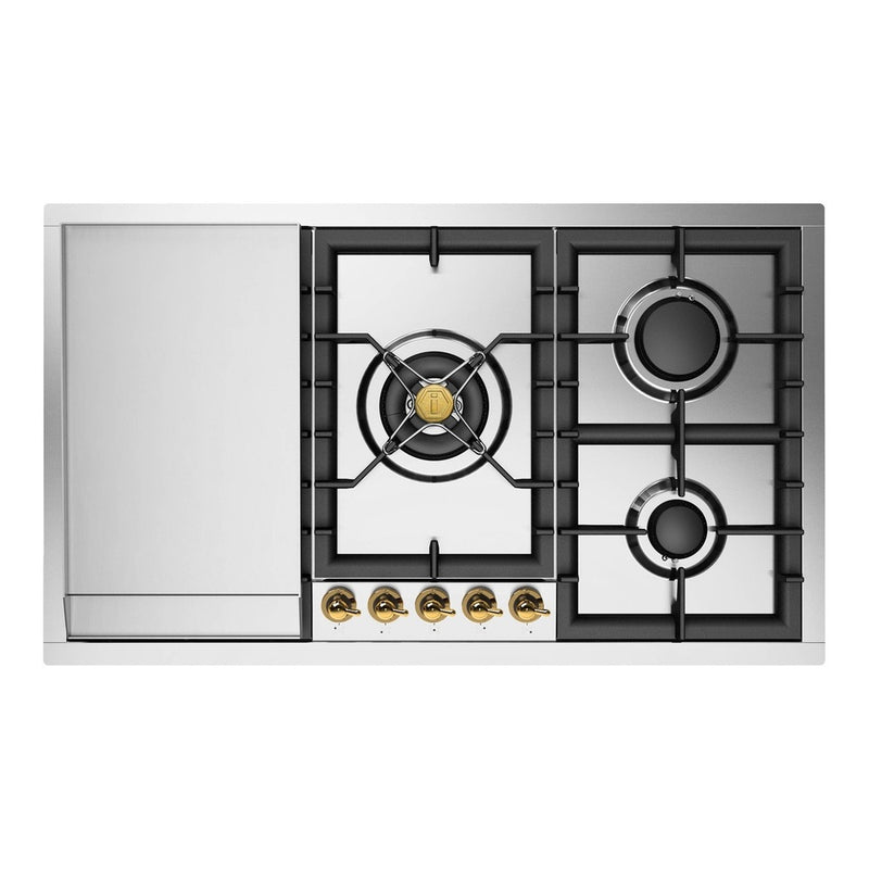 ILVE UHCPT95FNSSG Nostalgie II 36 inch Built-In Gas Cooktop with Total Black Brass Burners, in Stainless Steel (5 Sealed Burners + Griddle, Natural Gas, Brass)