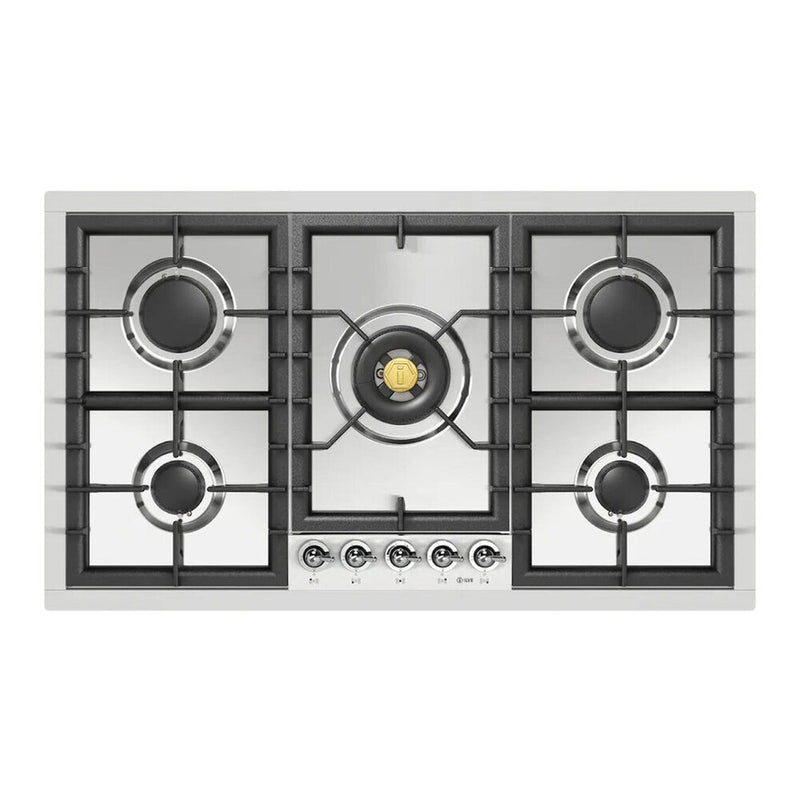 ILVE UHCPT95NSSC Nostalgie II 36 inch Built-In Gas Cooktop with Total Black Brass Burners, in Stainless Steel (5 Sealed Burners, Natural Gas, Chrome)