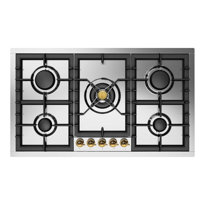 ILVE UHCPT95NSSG Nostalgie II 36 inch Built-In Gas Cooktop with Total Black Brass Burners, in Stainless Steel (5 Sealed Burners, Natural Gas, Brass)