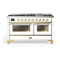 ILVE UM15FDNS3WHG Majestic II 60 inch Dual Fuel Range with 9 Burners, Griddle (Natural Gas, Triple Glass Door, White, Brass)