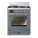 ILVE UM30NR3BGP Majestic III 30 inch Dual Fuel Range with 5 Black Brass Burners, Dual Function Burner up to 25,000 BTU (Natural Gas, Triple Glass Door, Blue Grey, Copper)