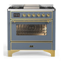 ILVE UM36FNR3BGGLP Majestic III 36 inch Dual Fuel Range with 6 Black Brass Burners and Griddle, Dual Function Burner up to 25,000 BTU (Triple Glass Door, Blue Grey, Brass, Liquid Propane)