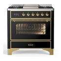 ILVE UM36FNR3BKGLP Majestic III 36 inch Dual Fuel Range with 6 Black Brass Burners and Griddle, Dual Function Burner up to 25,000 BTU (Triple Glass Door, Glossy Black, Brass, Liquid Propane)