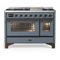 ILVE UM48FNR3BGBLP Majestic III 48 inch Dual Fuel Range with 8 Burners and Griddle, Dual Function Burner up to 25,000 BTU (Liquid Propane, Triple Glass Door, Blue Grey, Burnished)