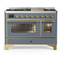 ILVE UM48FNR3BGG Majestic III 48 inch Dual Fuel Range with 8 Burners and Griddle, Dual Function Burner up to 25,000 BTU (Natural Gas, Triple Glass Door, Blue Grey, Brass)