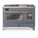 ILVE UM48FNR3BGP Majestic III 48 inch Dual Fuel Range with 8 Burners and Griddle, Dual Function Burner up to 25,000 BTU (Natural Gas, Triple Glass Door, Blue Grey, Copper)