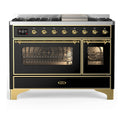 ILVE UM48FNR3BKG Majestic III 48 inch Dual Fuel Range with 8 Burners and Griddle, Dual Function Burner up to 25,000 BTU (Natural Gas, Triple Glass Door, Glossy Black, Brass)